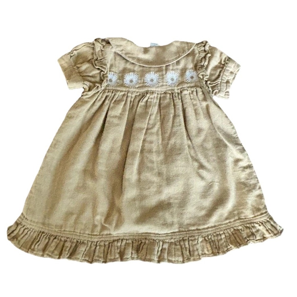 kate quinn Mustard Button-Front Ruffle Dress with Embroidered Yoke SZ 2T Cotton - Picture 2 of 3